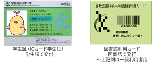 学生証（ICカード学生証）学生課で交付 図書館利用カード 図書館で発行 ※上記例は一般利用者用